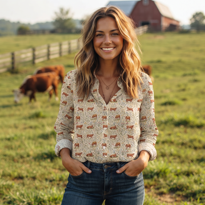 Floral Hereford cattle pattern Women's Mock Linen Shirts