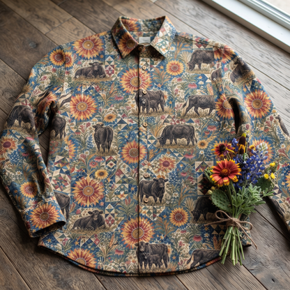 Patchwork angus cattle pattern Women's Mock Linen Shirts