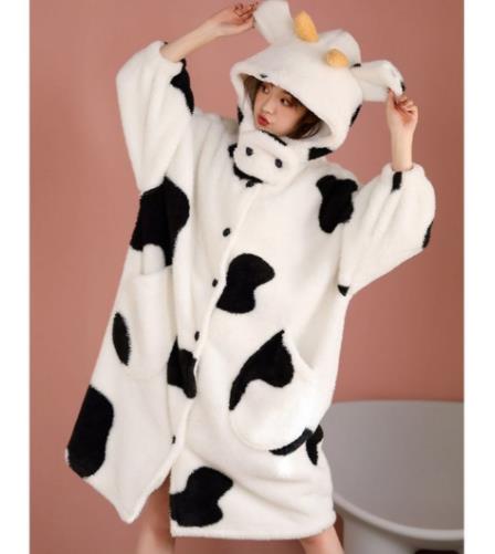 Cute Cow pattern Women Autumn Winter Fleece Gown Hooded Long Warm