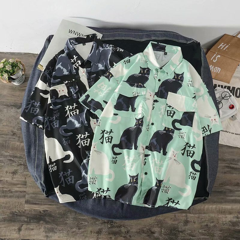 Hawaiian Shirt black cat Pattern