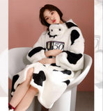 Cute Cow pattern Women Autumn Winter Fleece Gown Hooded Long Warm