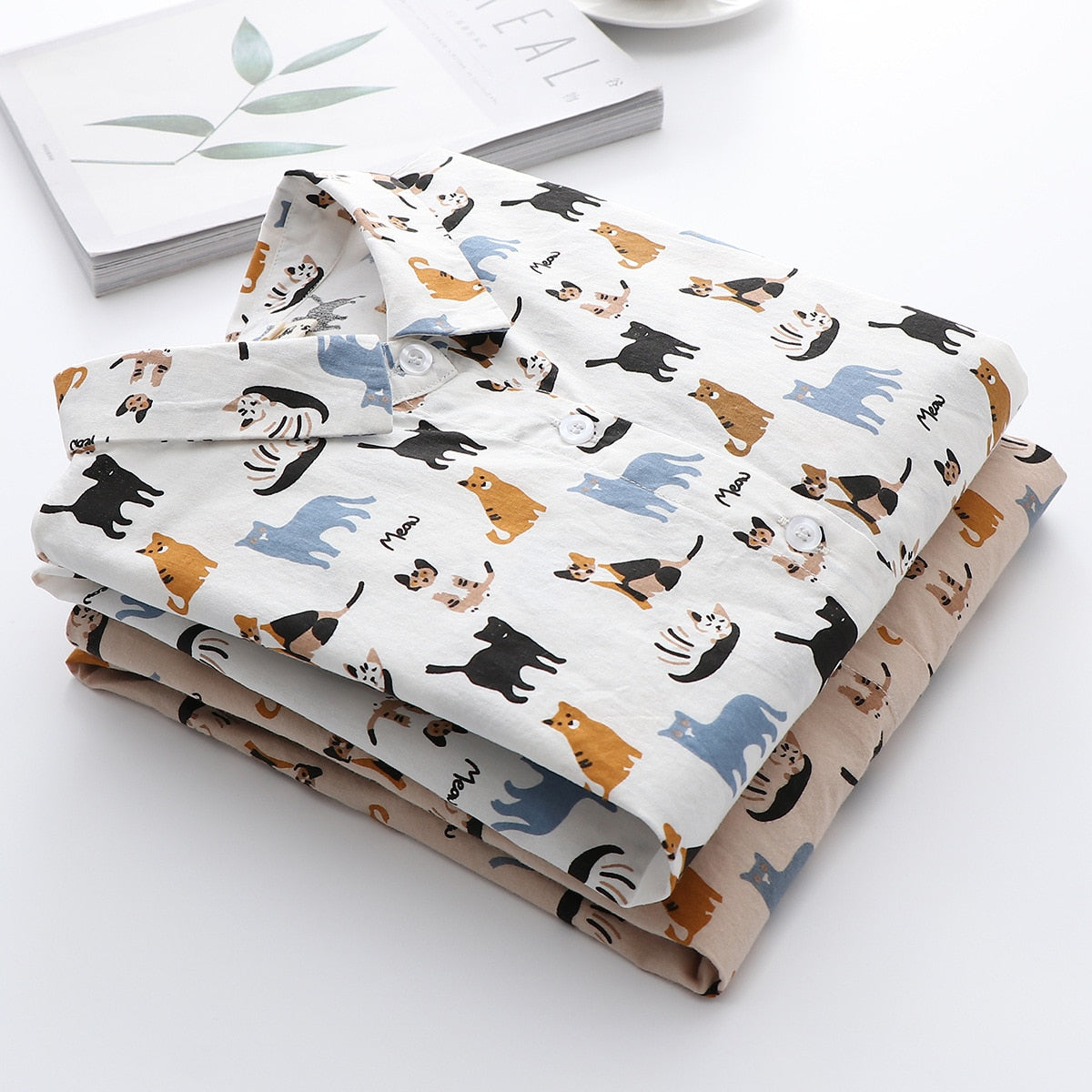 Cute cat cartoon pattern long-sleeved Blouse tops shirts for women
