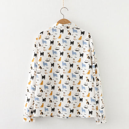 Cute cat cartoon pattern long-sleeved Blouse tops shirts for women