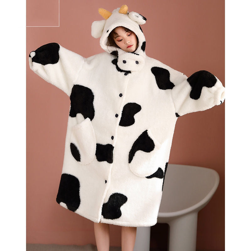 Cute Cow pattern Women Autumn Winter Fleece Gown Hooded Long Warm