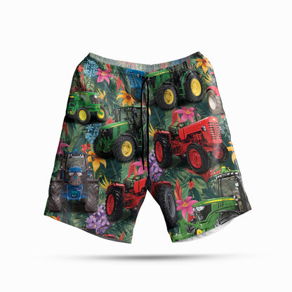 Tractor Floral Pattern - Custom Tractor Photo - Hawaiian Shirt and Shorts