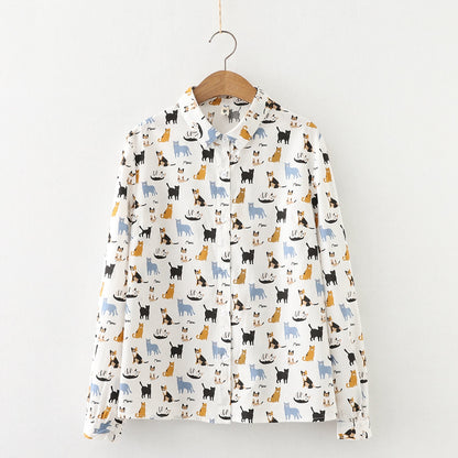 Cute cat cartoon pattern long-sleeved Blouse tops shirts for women