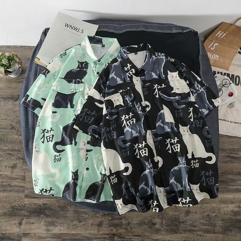 Hawaiian Shirt black cat Pattern