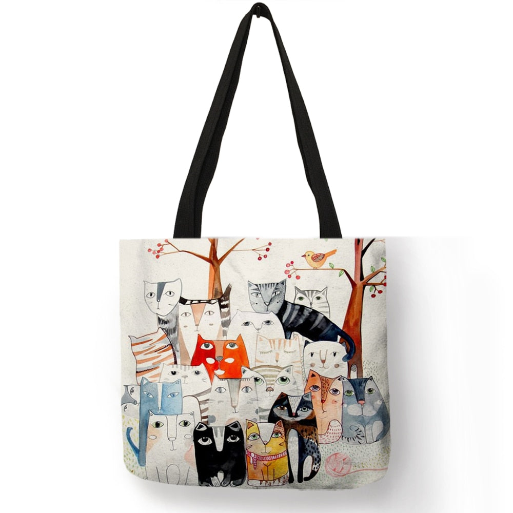 Tote bag Cute Cartoon Cats Printed Handbag Eco Linen