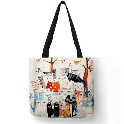 Tote bag Cute Cartoon Cats Printed Handbag Eco Linen
