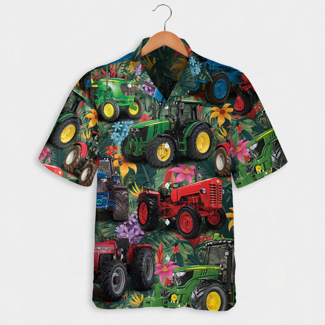 Tractor Floral Pattern - Custom Tractor Photo - Hawaiian Shirt and Shorts