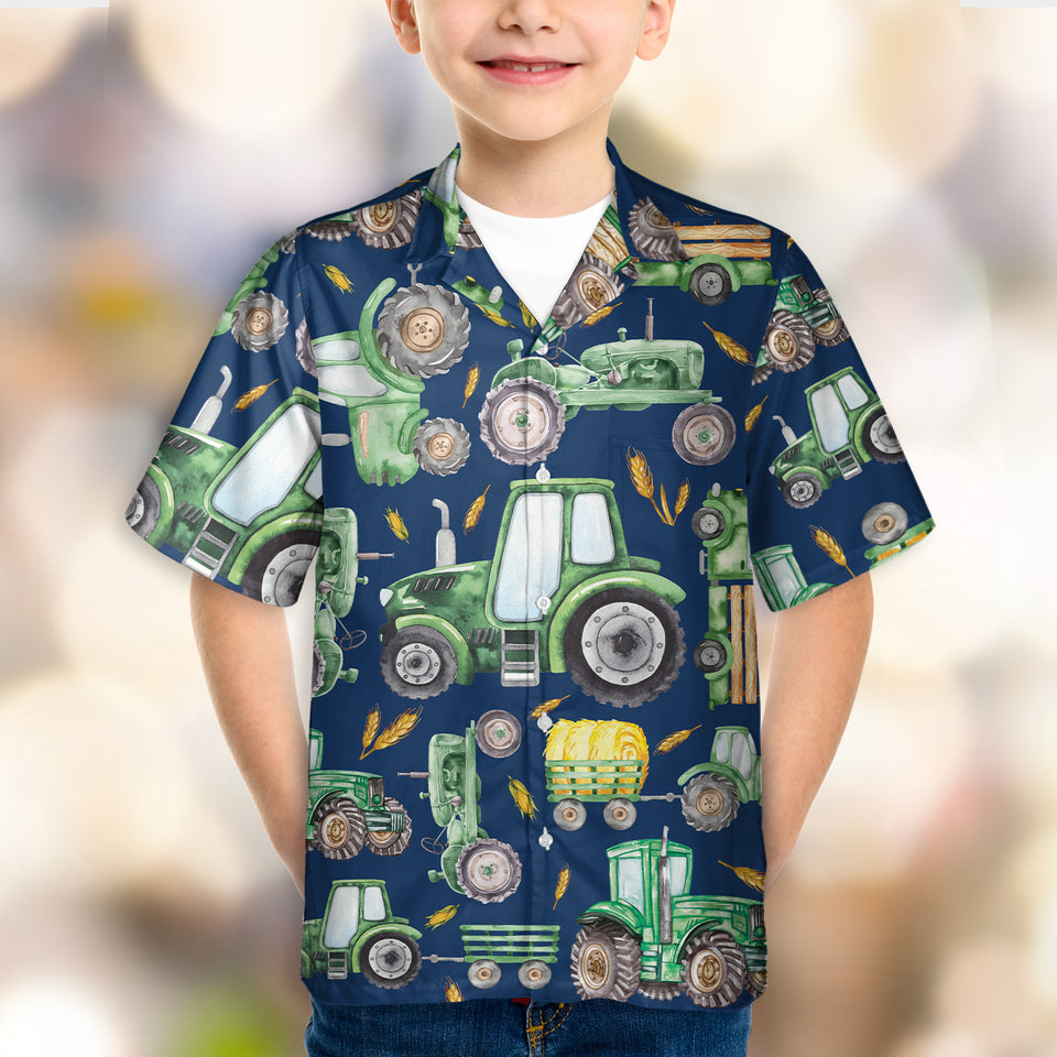 Cute Green Tractor pattern - Hawaiian Shirt, Shorts for Kid