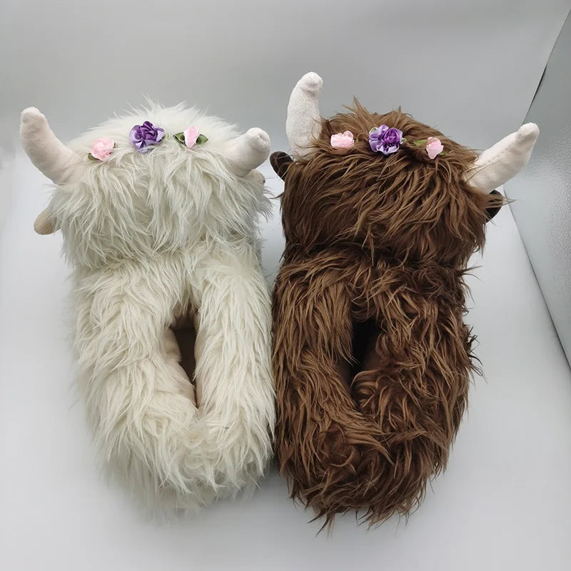 Highland Cow Fashion Plush Slippers, Fluffy Cute Warm for Winter Soft Cozy Indoor