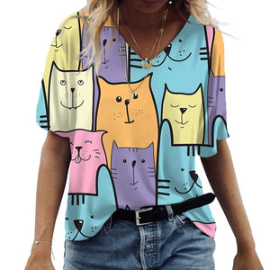 Cartoon Cats Print Women T-Shirt