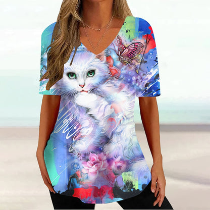 Colourful Cat painting print Tie-dye Graphic  V-Neck  Female Tees - myfunfarm