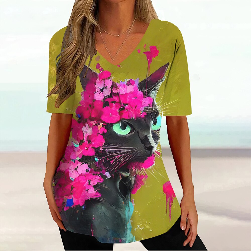 Colourful Cat painting print Tie-dye Graphic  V-Neck  Female Tees - myfunfarm