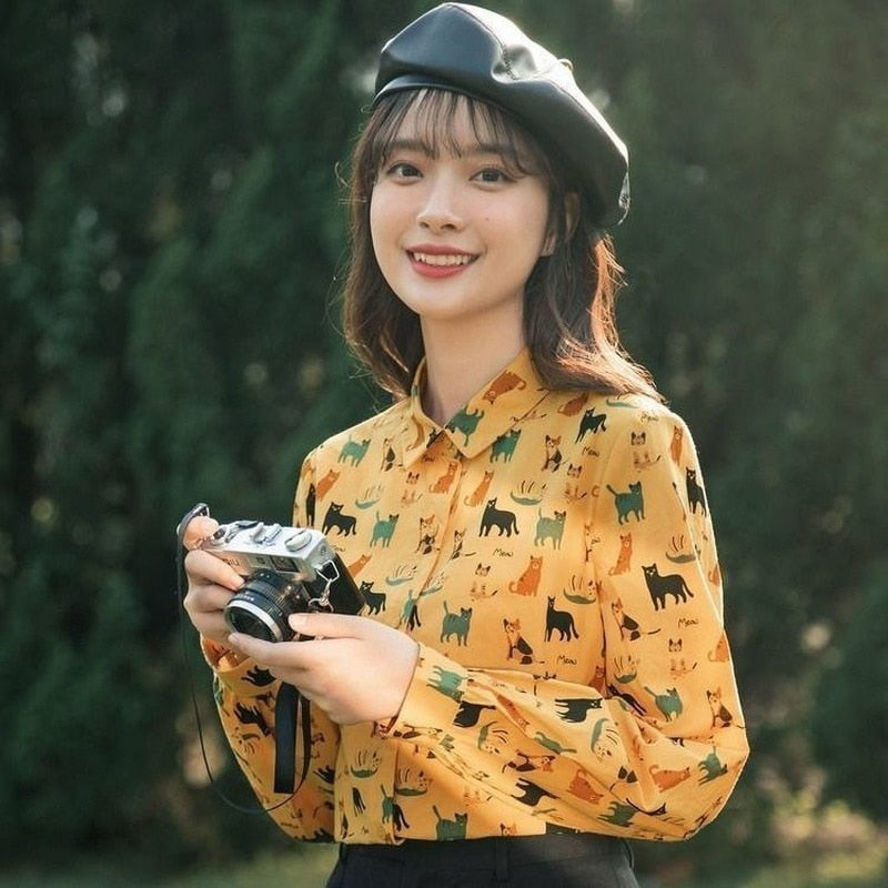 Cute cat Long Sleeve Tops  Blouses for Women - myfunfarm
