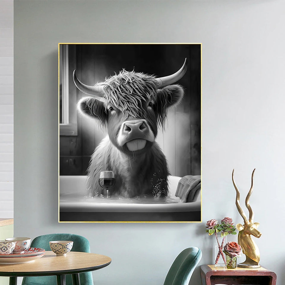 Funny Animal in Bathroom Poster Cow Giraffe Elephant Orangutan Zebra Sitting in Bathtub Canvas Painting Toilet Wall Art Pictures