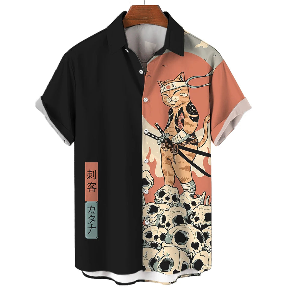 Hawaiian Shirt  Japanese Bushido 3d Cartoon Cat