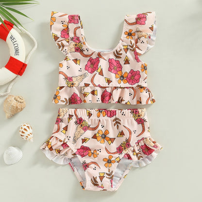 Toddler Kids Baby Girl Swimsuits 6M-3Y Floral/Cattle Print Ruffles Short Sleeve Crop Tops+Shorts Bathing Suits Beachwear - myfunfarm