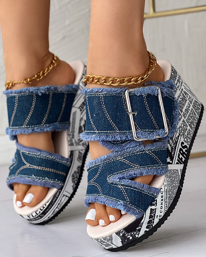 Newspaper Buckled Denim Wedge Slippers Women Sandals - myfunfarm