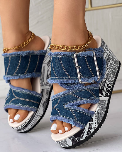 Newspaper Buckled Denim Wedge Slippers Women Sandals - myfunfarm