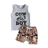 Summer Kids Boys Clothing Sets Letter Sleeveless Tanks Tops+Cattle Cactus Boots Print Shorts Outfits