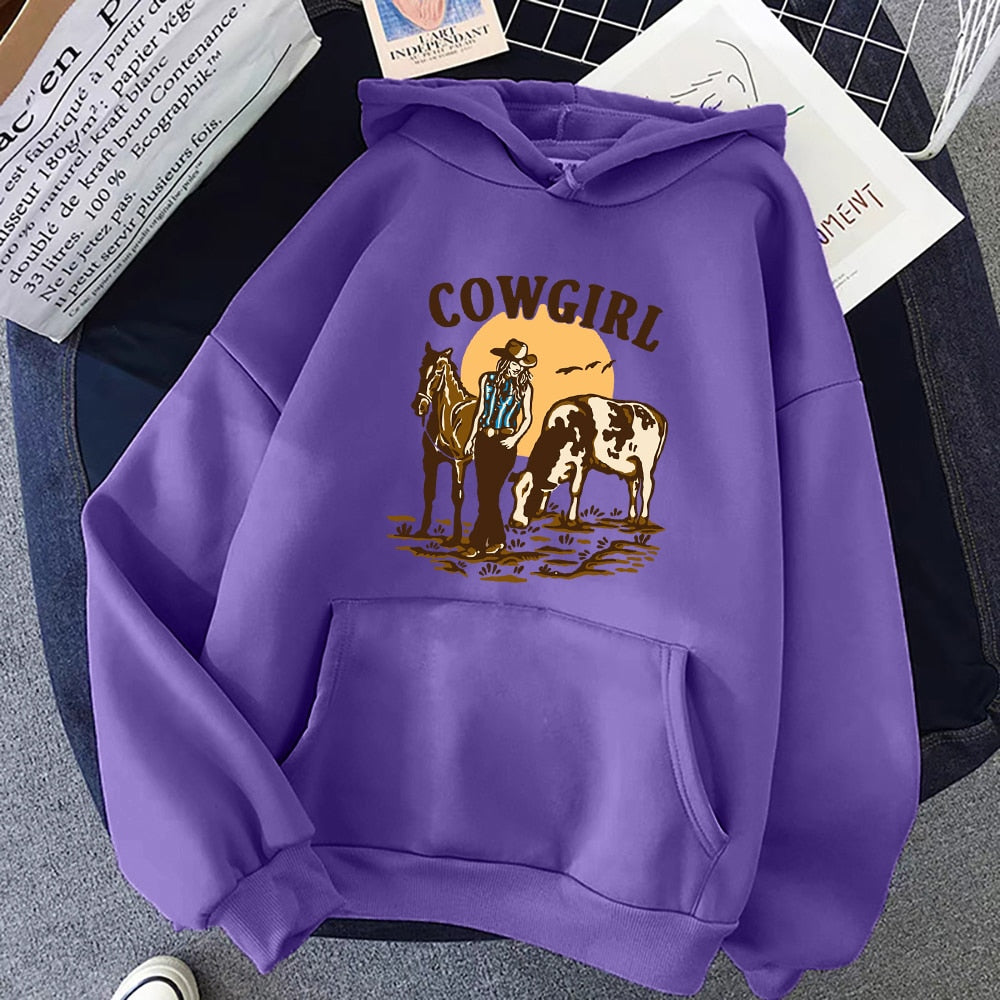 The Cowgirl And Her Cow And Horse Live In The West Hoodies