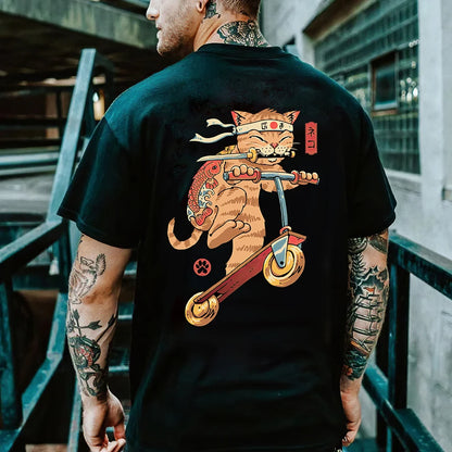 Cartoon Samurai Cat Printed Unisex T-Shirt Harajuku Vintage - myfunfarm