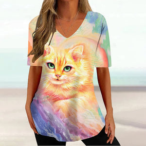 Colourful Cat painting print Tie-dye Graphic  V-Neck  Female Tees