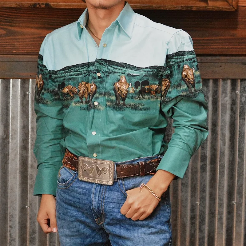 Men's Long Sleeve Western Denim Shirt, Outdoor Casual Party, Soft and Comfortable