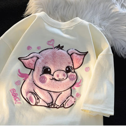 Adorable Pink Pig Plush Embroidered Short Sleeve Women's T-Shirt - myfunfarm