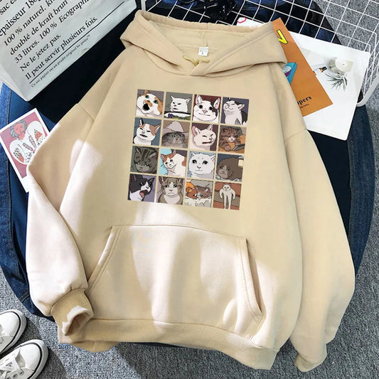 Funny Meme Cats Cartoons Print Women Hoodies Oversized Fleece