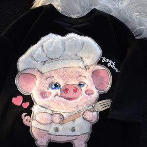 Cute Chef Piglet Embroidered Short-sleeved Women's  T-shirt