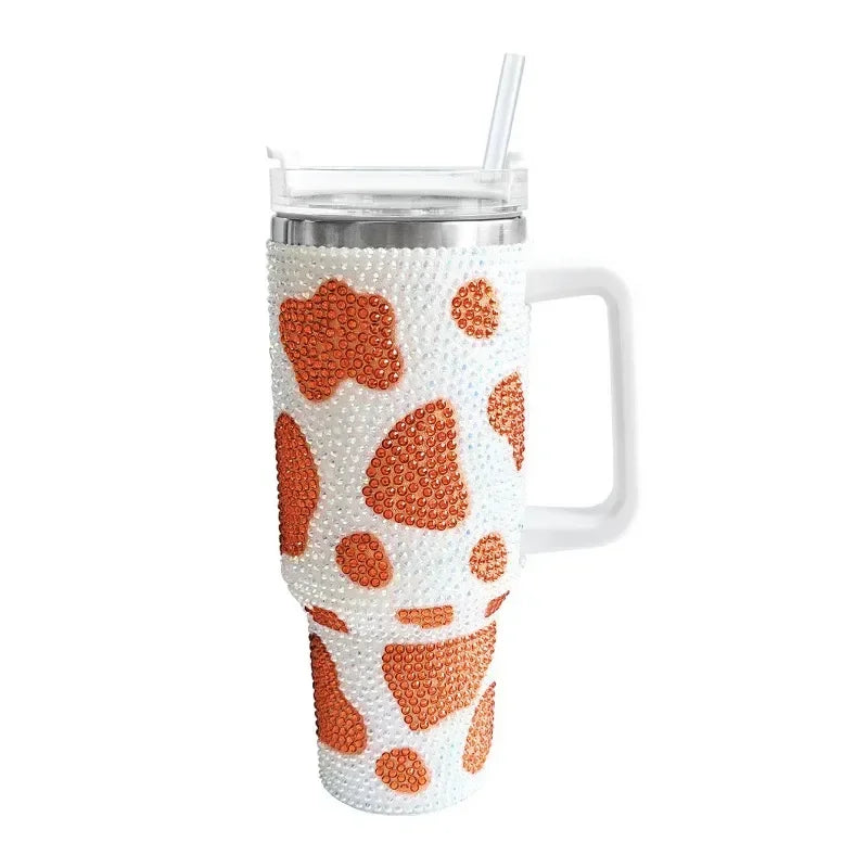 40oz Cow pattern Diamond Tumbler With Handle Insulated  Stainless Steel Coffee