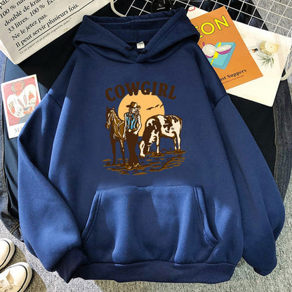 The Cowgirl And Her Cow And Horse Live In The West Hoodies