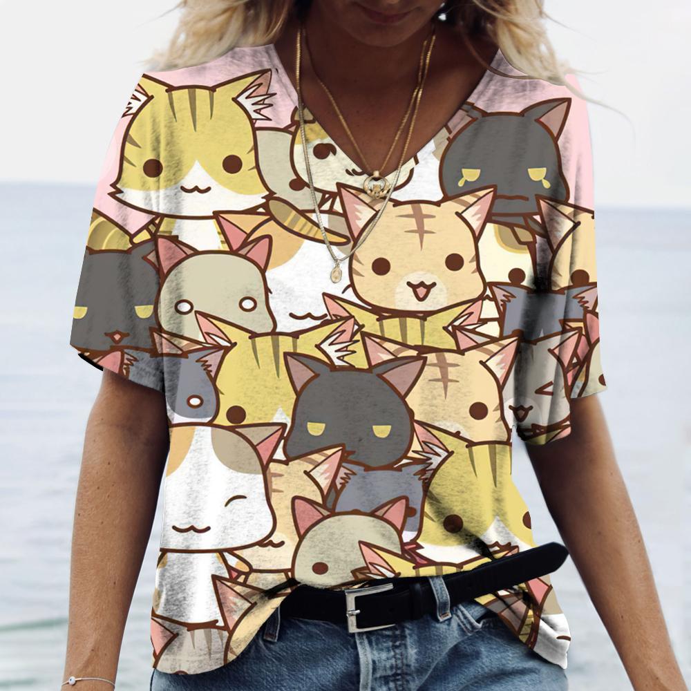 Cartoon Cats Print Women T-Shirt