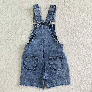 Baby Girl Denim Highland Cow Overalls Summer Ripped Shortalls Kid Backless