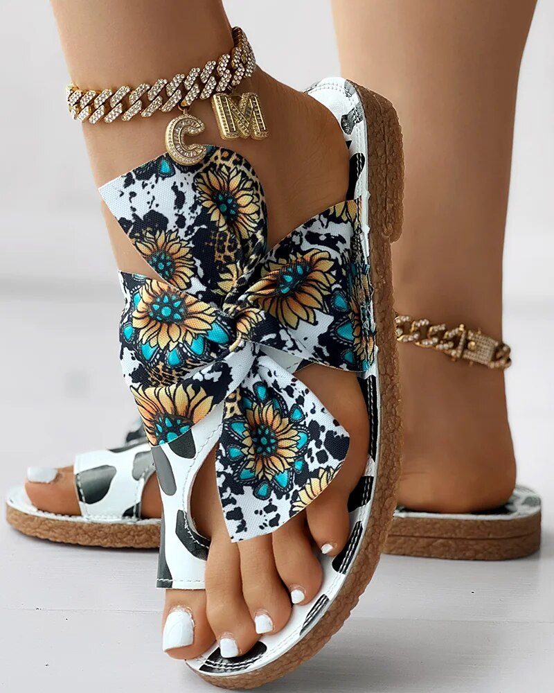 Daily Wear Sunflower Cow Print Tied Detail Toe Ring Slippers Sandals Women Casual - myfunfarm