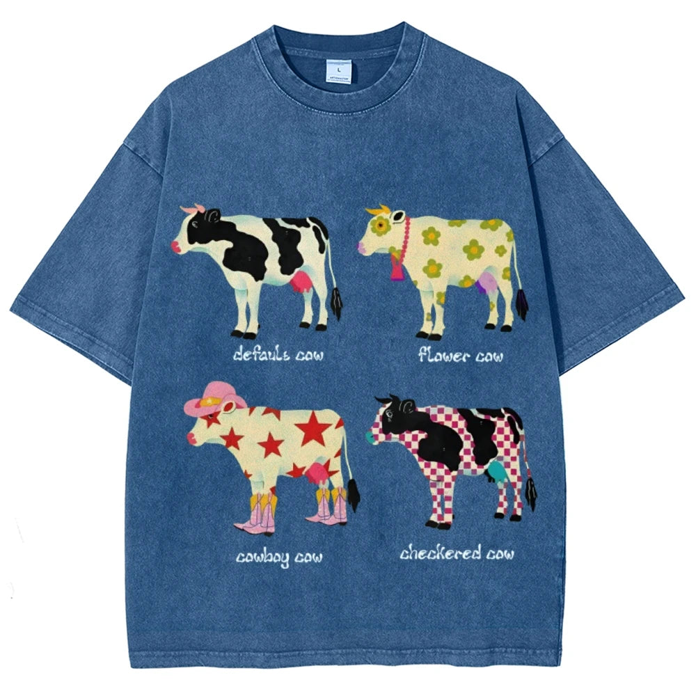 Cute Cartoon Cow Print T-Shirt Pure Cotton Washed - myfunfarm