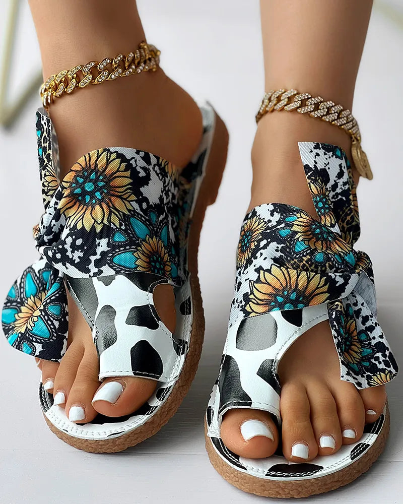 Daily Wear Sunflower Cow Print Tied Detail Toe Ring Slippers Sandals Women Casual - myfunfarm