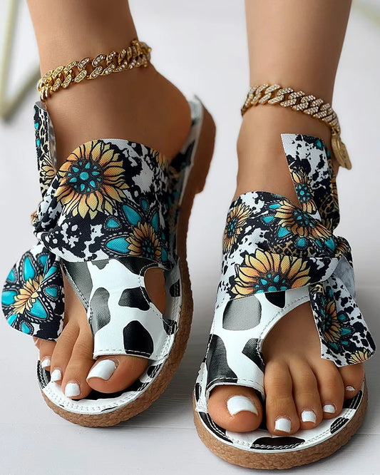 Daily Wear Sunflower Cow Print Tied Detail Toe Ring Slippers Sandals Women Casual - myfunfarm