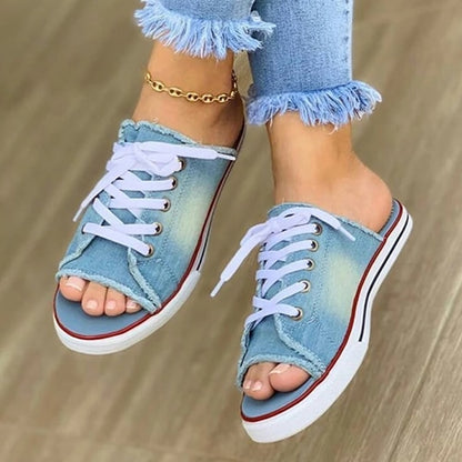 Ladies Slippers Canvas  Lace-up  Open-toed - myfunfarm