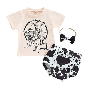 Summer Toddler Newborn Bbay Boys Girls Clothes Sets Cattle Print Short Sleeve Cotton T-shirts+Shorts+Headband Outfits