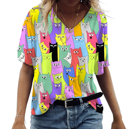 Cartoon Cats Print Women T-Shirt