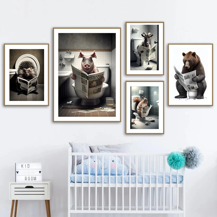 Funny Bathroom Humorous Animal Wall Decor Cow Bear Dog Tiger Sitting on Toilet Reading Newspaper Poster Art Print Canvas Painting - myfunfarm