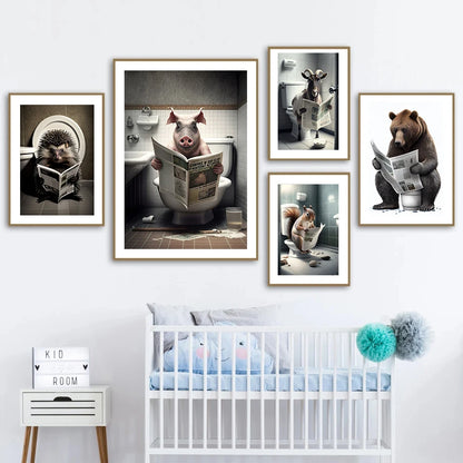Funny Bathroom Humorous Animal Wall Decor Cow Bear Dog Tiger Sitting on Toilet Reading Newspaper Poster Art Print Canvas Painting - myfunfarm