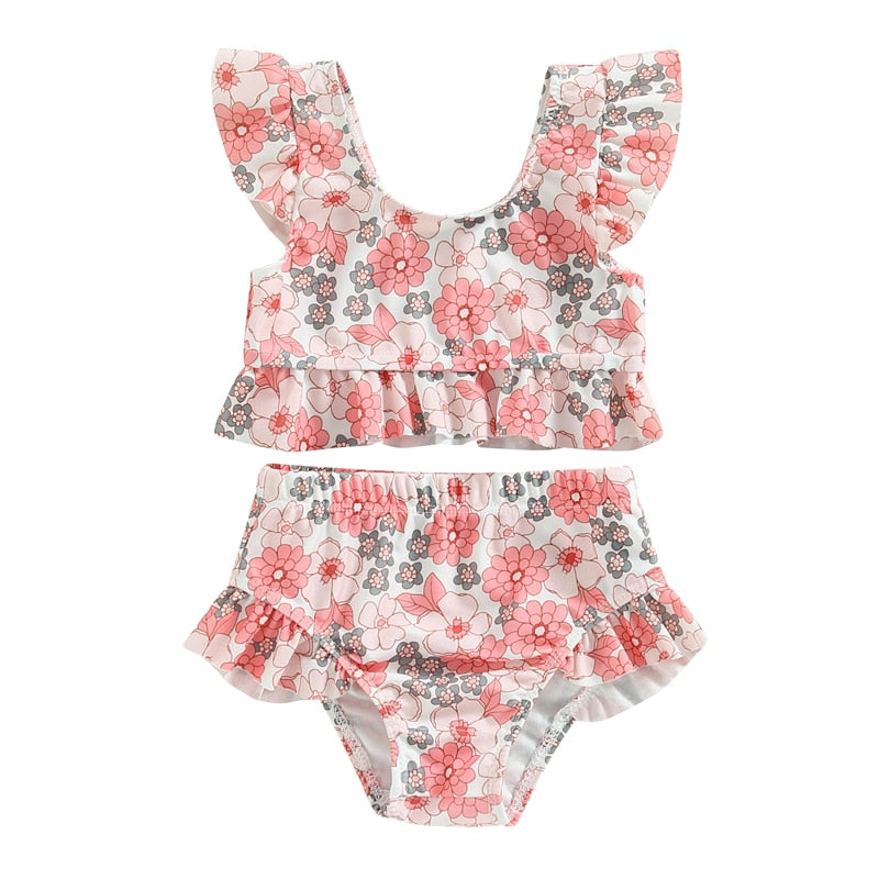 Toddler Kids Baby Girl Swimsuits 6M-3Y Floral/Cattle Print Ruffles Short Sleeve Crop Tops+Shorts Bathing Suits Beachwear