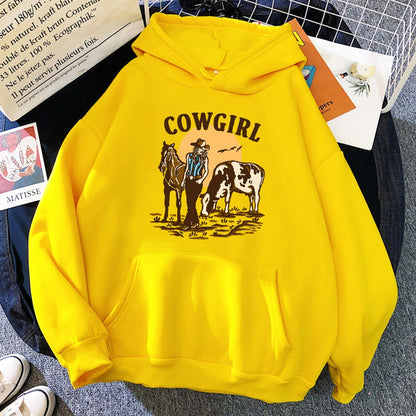 The Cowgirl And Her Cow And Horse Live In The West Hoodies