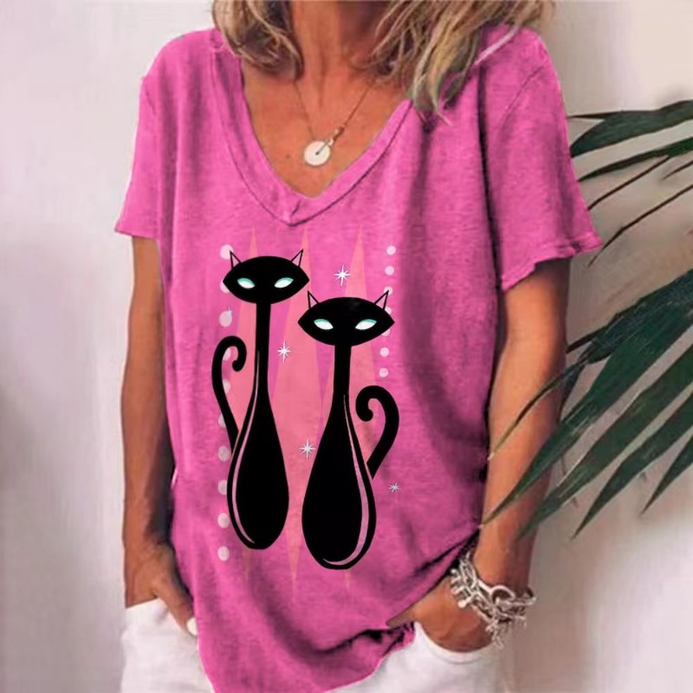 T-Shirt Cat Graphic V-neck Short Sleeve Tees Female - myfunfarm