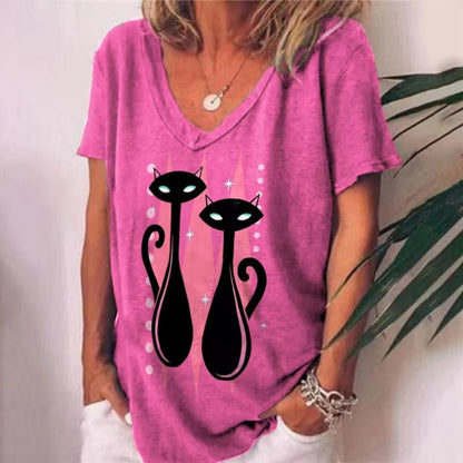 T-Shirt Cat Graphic V-neck Short Sleeve Tees Female - myfunfarm